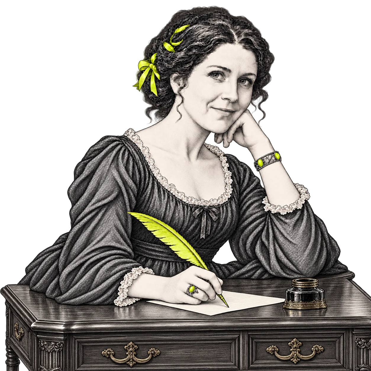 La Comtesse à son bureau, plume et bijoux fluorescents
